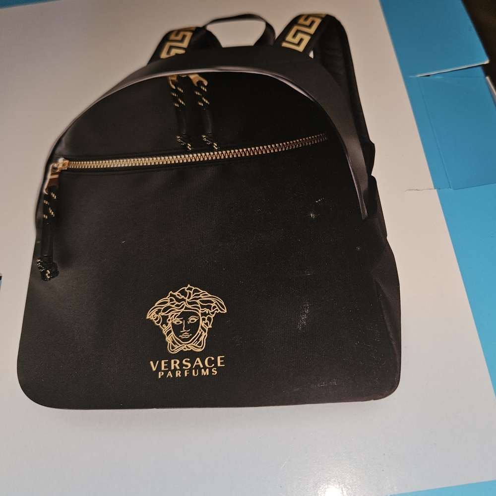 Versace Parfums Black Backpack with Gold Logo and Trim